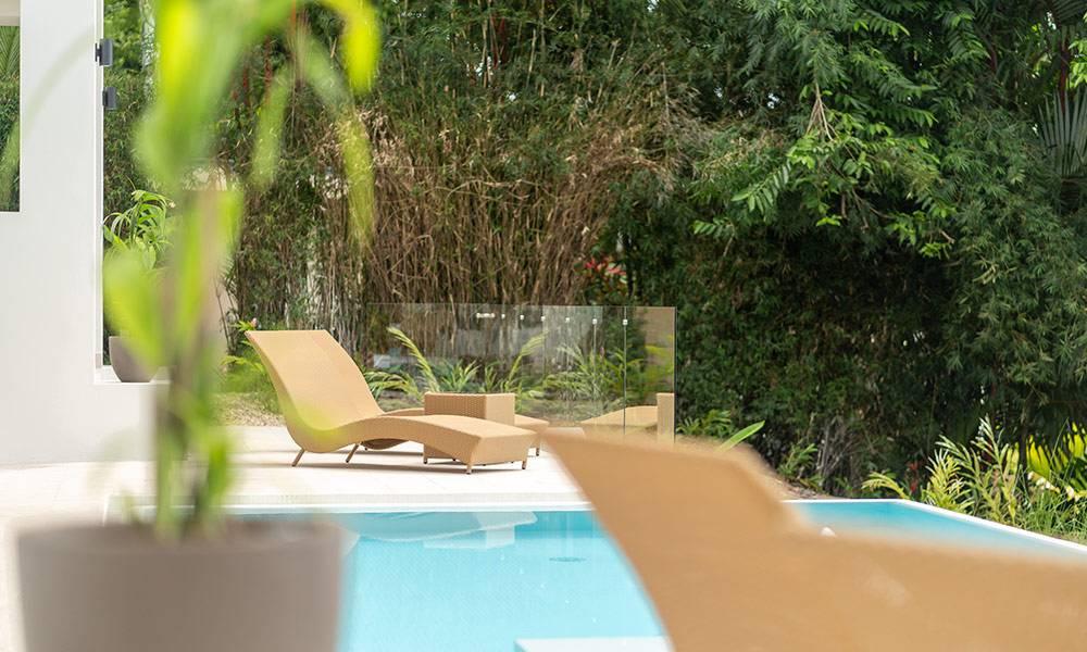 The pool terrace includes a sun lounger and glass barrier, providing an open view of the tropical jungle.