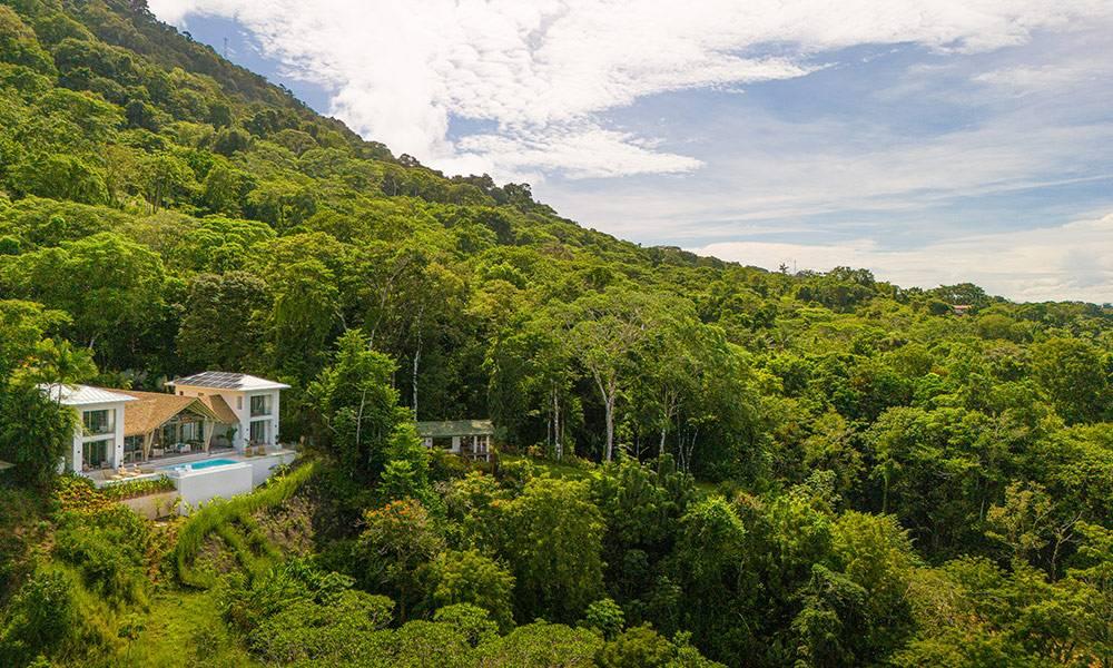 This aerial view presents a modern villa complex with an infinity pool and multiple terraces, seamlessly integrated into the expansive, verdant jungle landscape of a Costa Rican hillside under a bright sky.