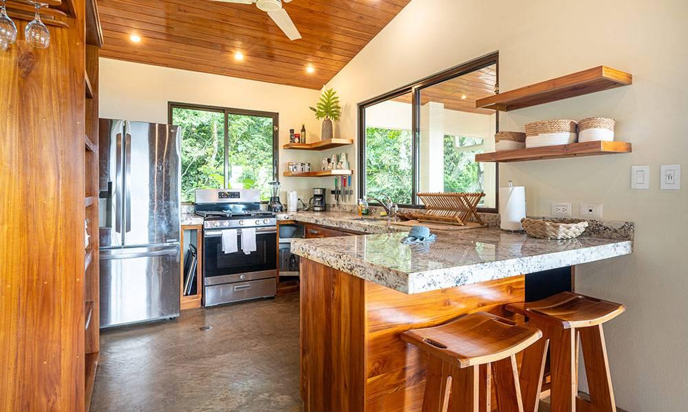 An open kitchen features a vaulted wood ceiling, ample natural light through large windows, and a granite island with seating, creating a bright space connected to the jungle.