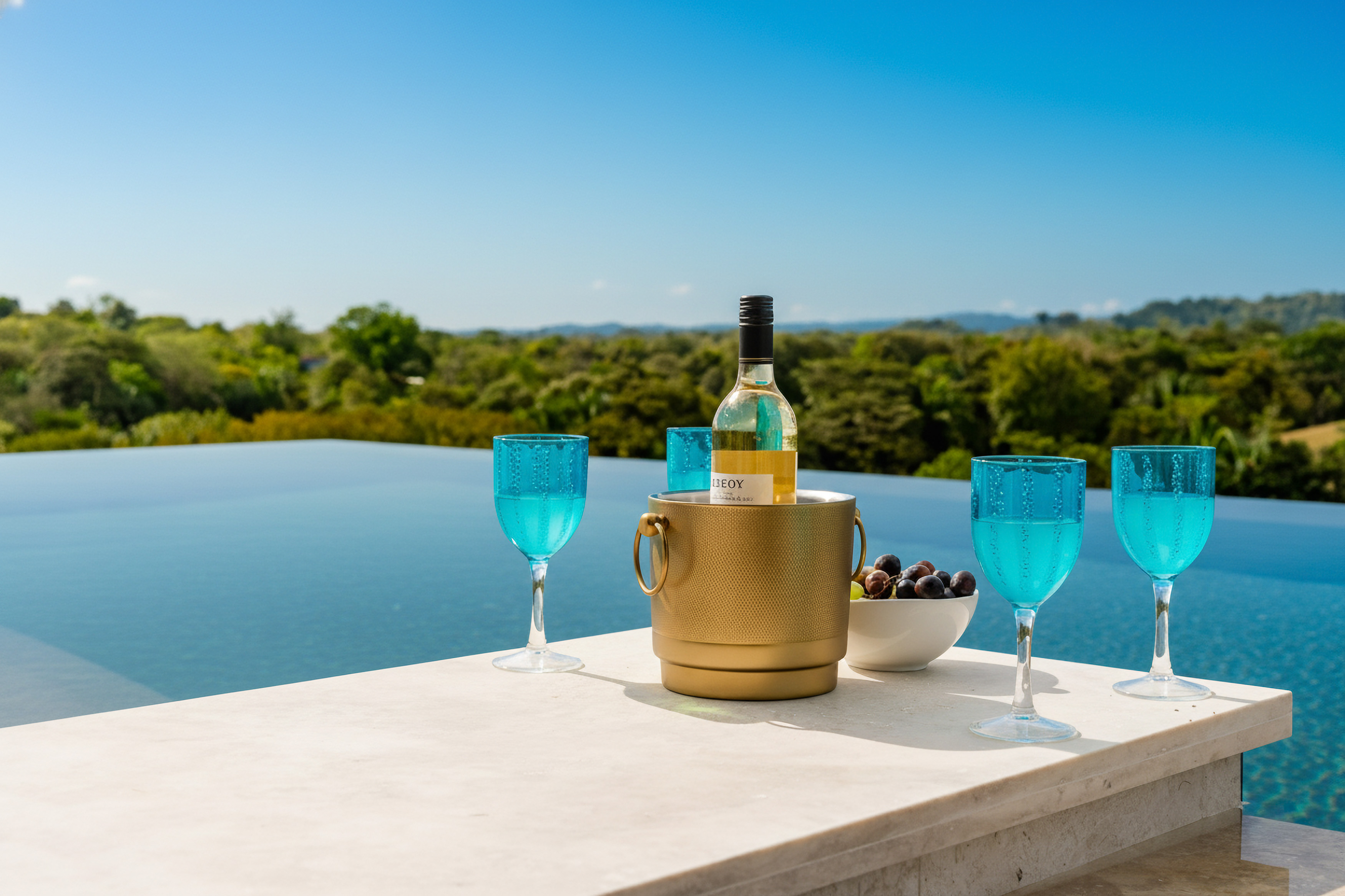 An infinity edge pool provides expansive views of lush green trees and distant hills under a clear blue sky.