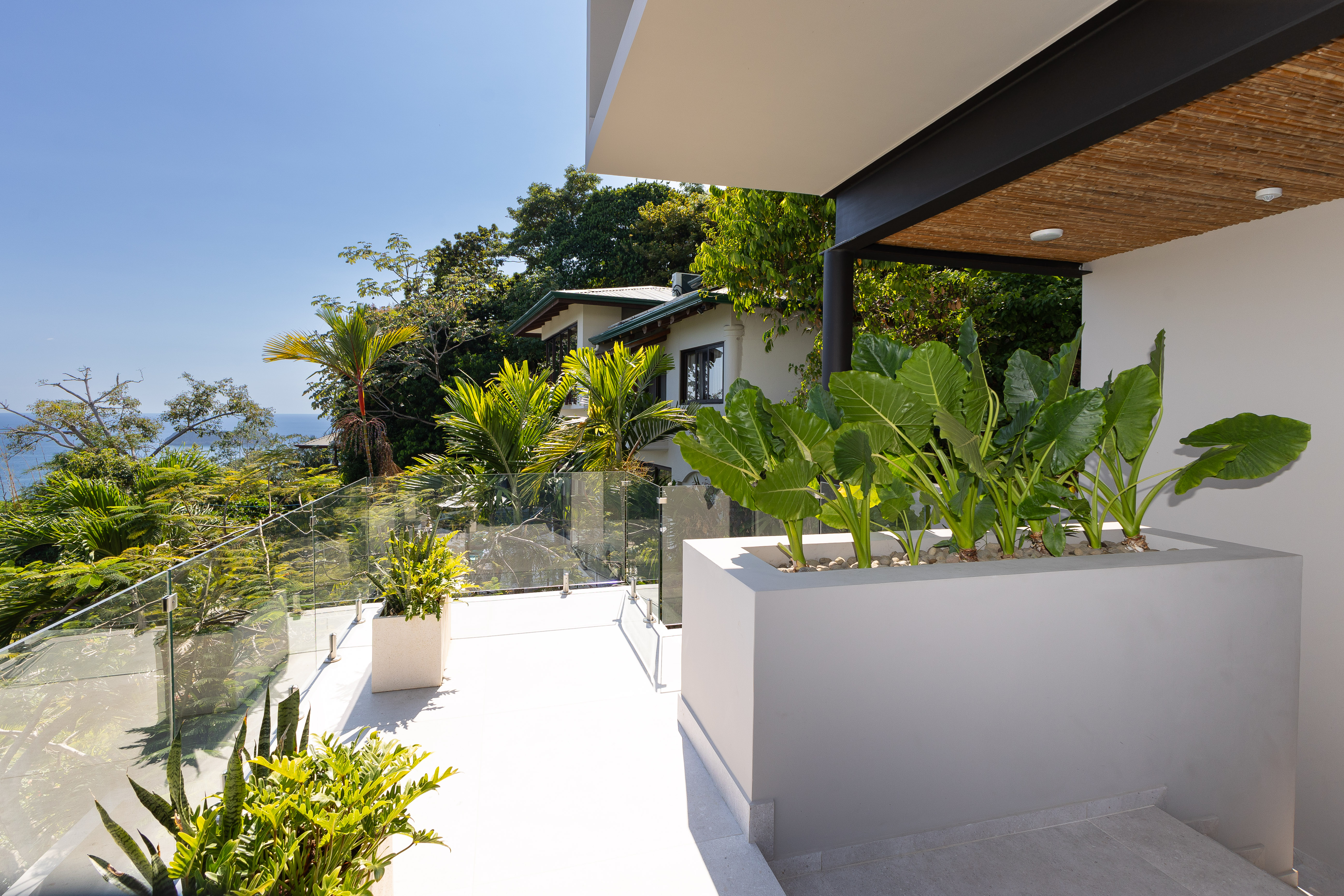 The open-air terrace features a glass railing, providing unobstructed views of the Pacific Ocean and lush jungle.