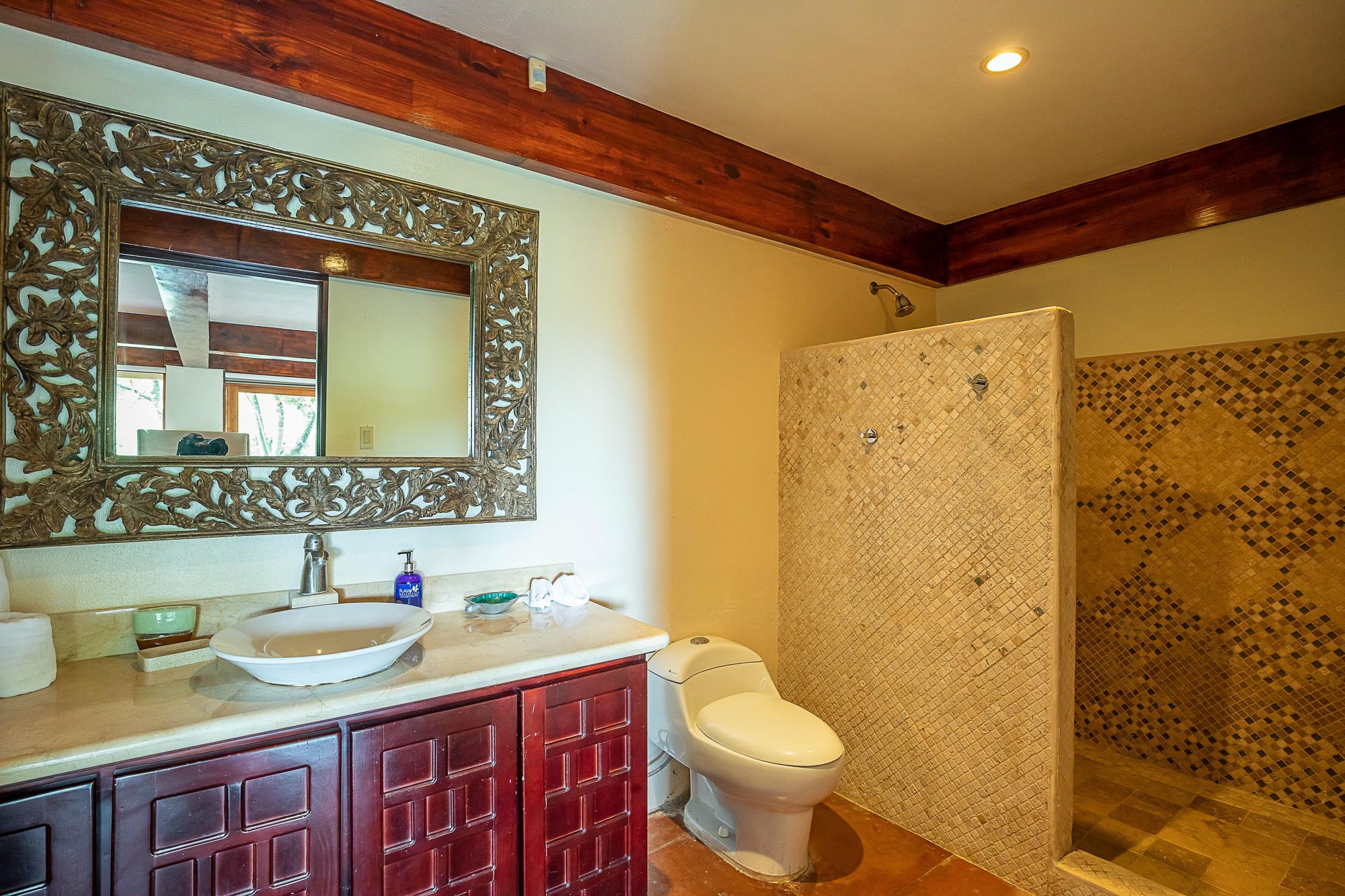This bathroom features a dark wood vanity with a vessel sink, an ornate carved mirror reflecting a bright window and outdoor greenery, and a mosaic-tiled walk-in shower.