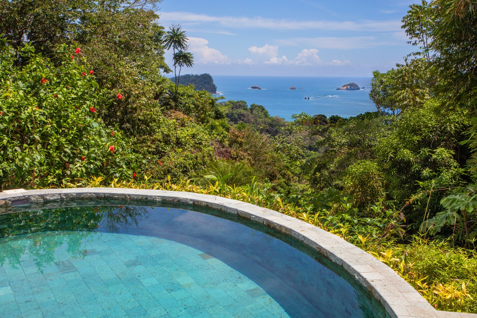 A curved outdoor plunge pool with stone coping offers expansive views of the surrounding jungle and the distant Pacific Ocean.