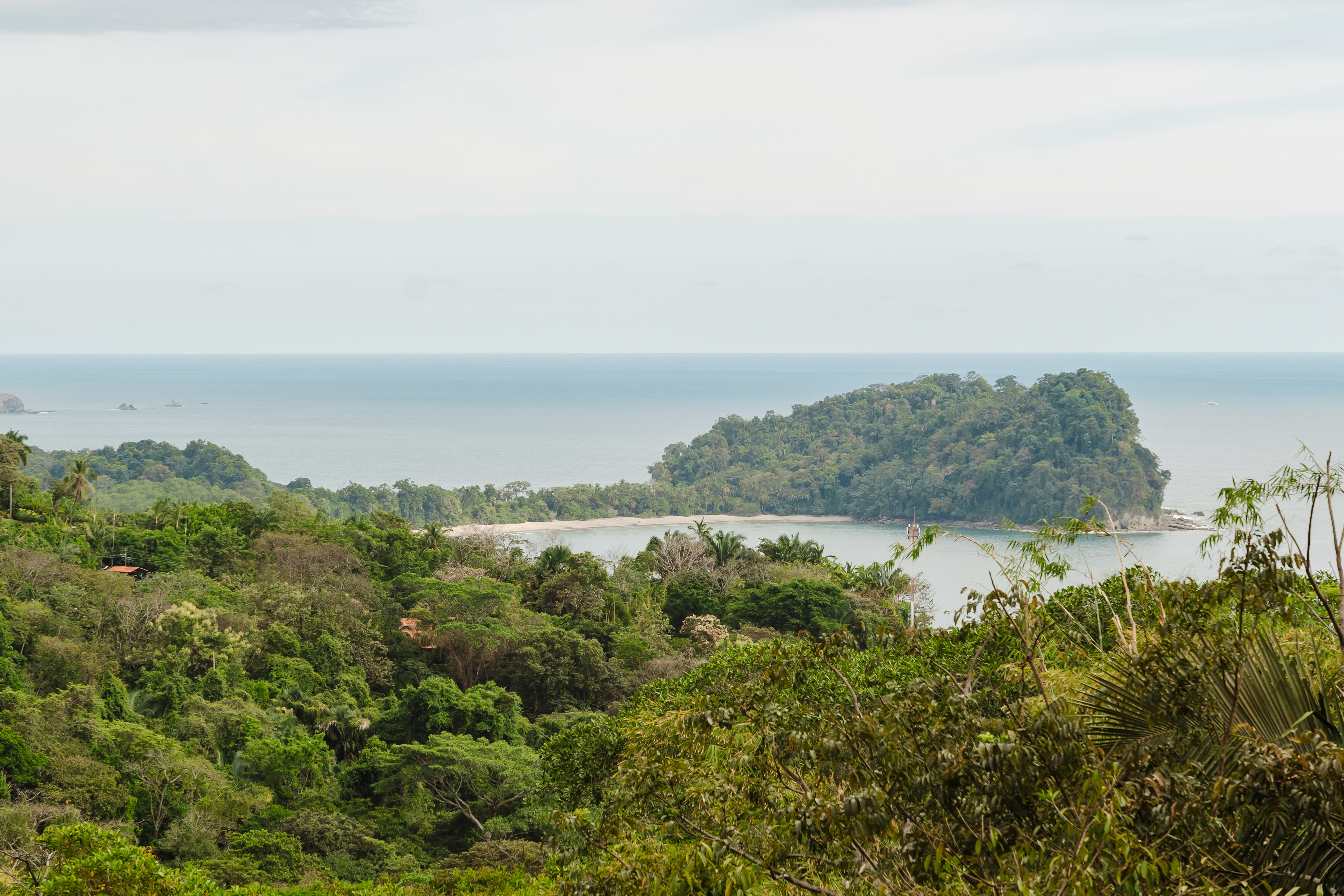 A wide view showcases the ocean, a secluded bay with a sandy beach, a tree-covered island, and vast tropical jungle under an overcast sky.