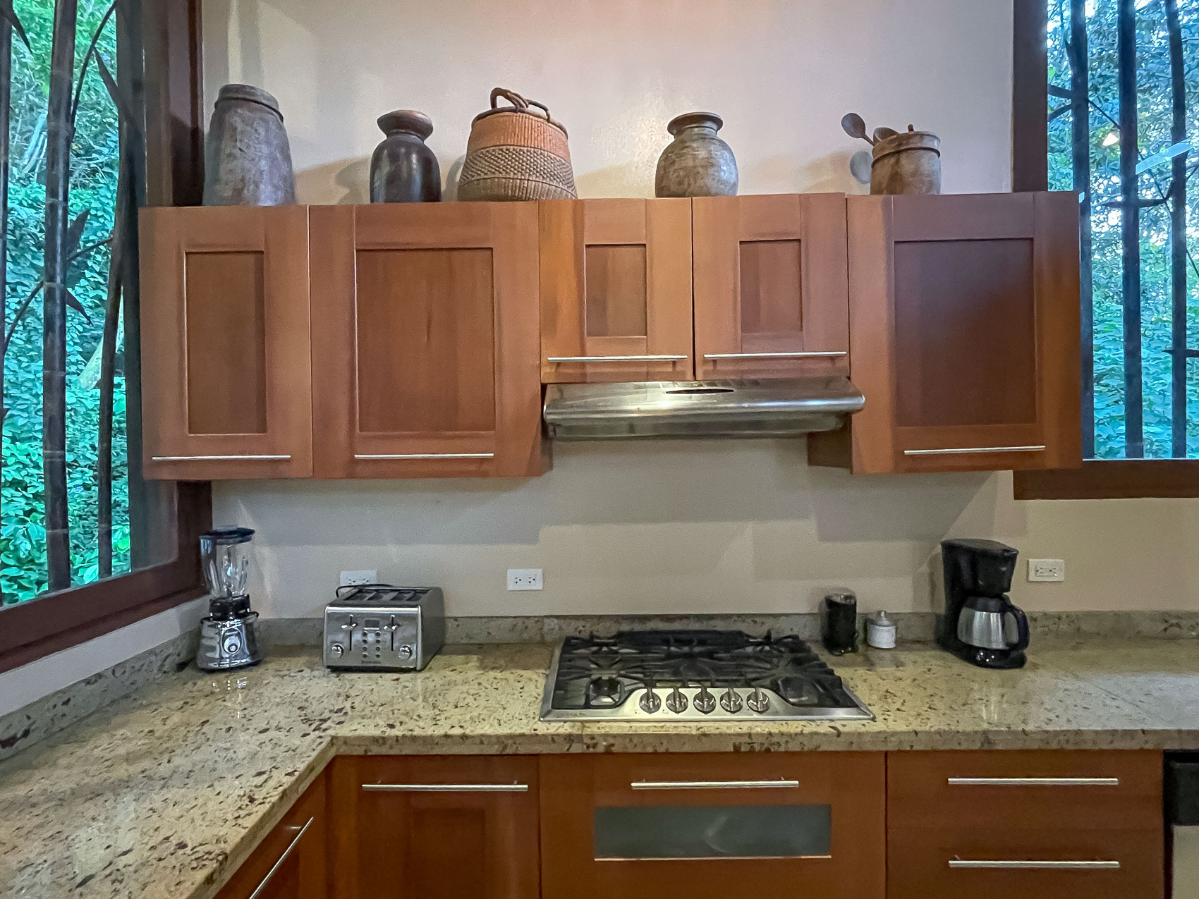 A Balinese-inspired kitchen features hand-carved wooden cabinets, granite countertops, and large windows offering a jungle canopy view with ample natural light.